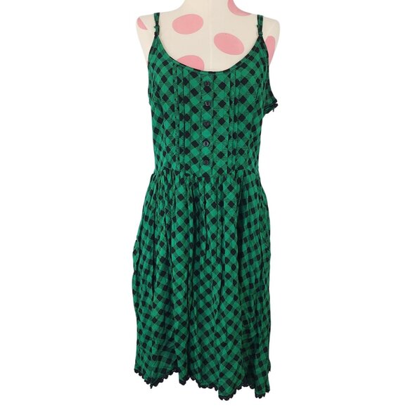 Women's Hot Topic Black Green Check Pleated Dress XL Pockets Sleeveless Zip - Picture 1 of 12